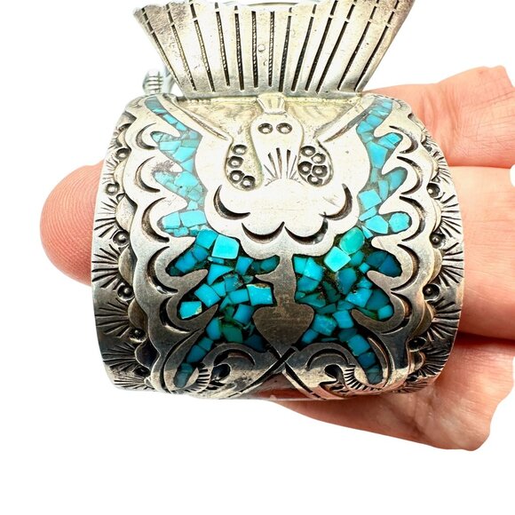 Native American Peyote Bird Coral Turquoise Sterling Silver Watch Cuff 133 Grams - Picture 7 of 9